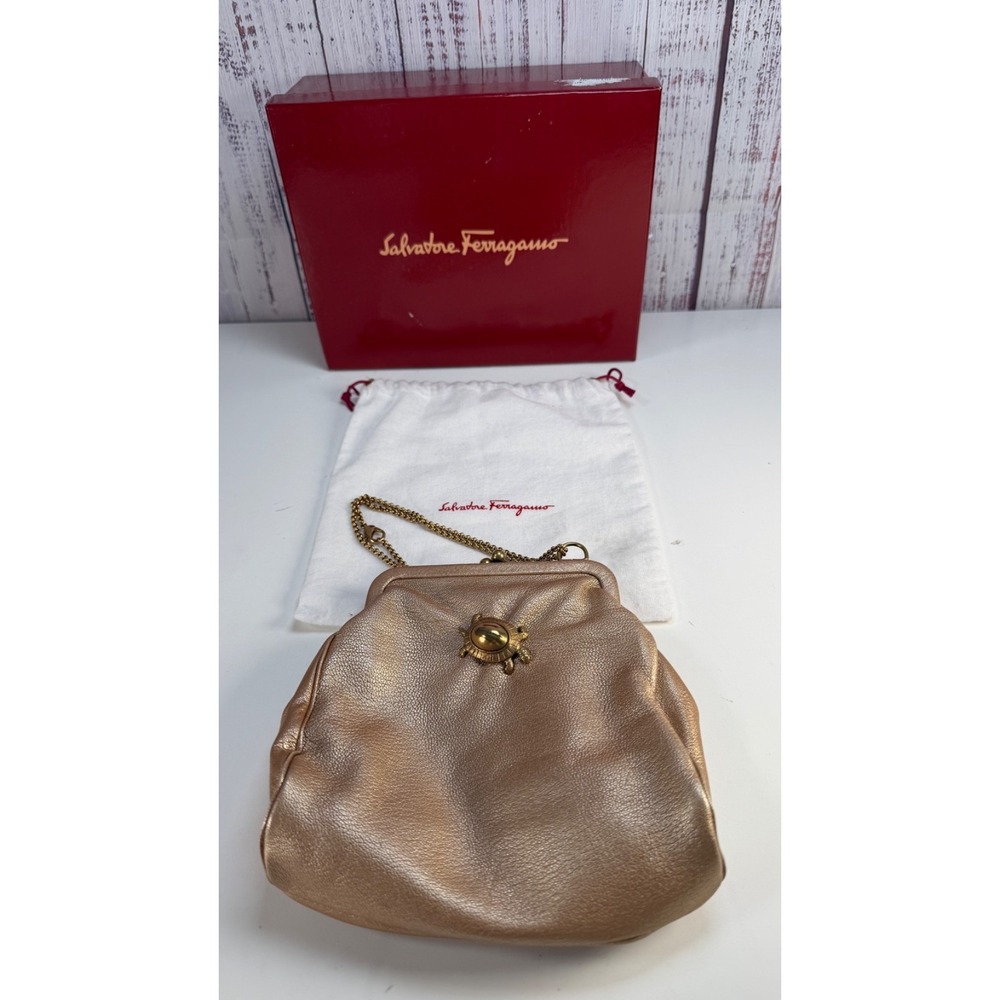 Auth Salvatore Ferragamo Gold Turtle clasp Metallic leather clutch w/dustbag